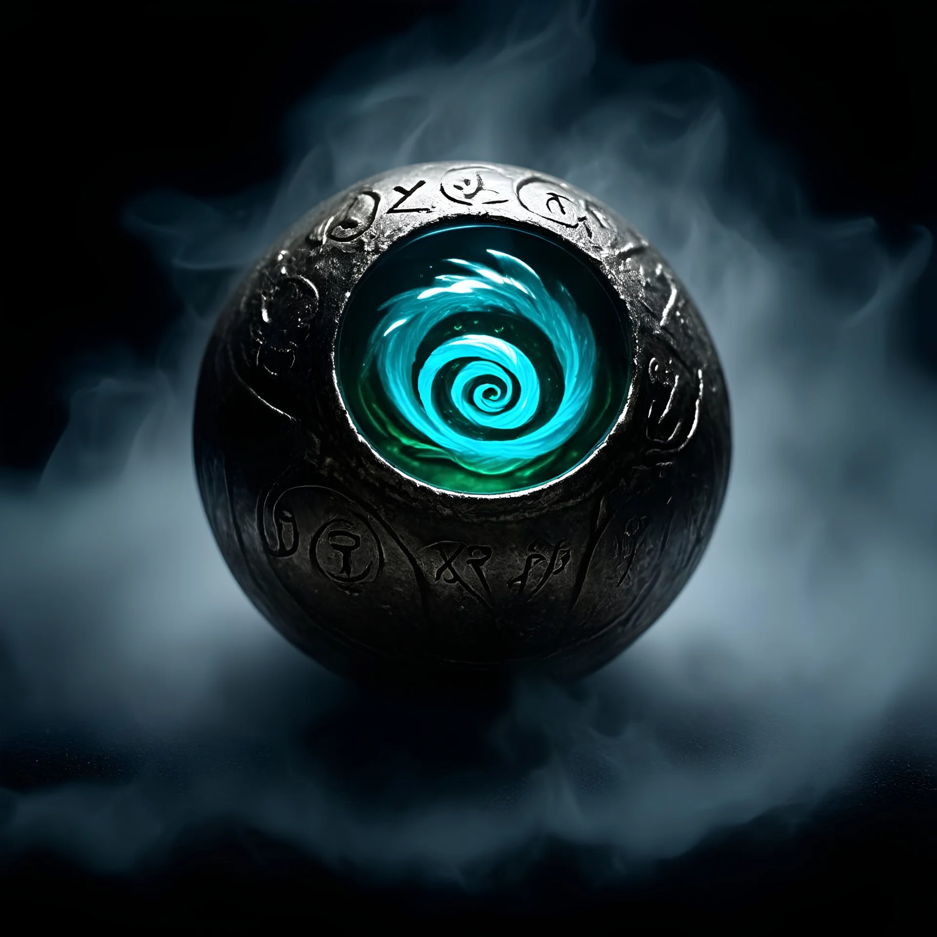 Ancient alchemical orb with swirling luminescent liquid inside, faint glowing runes etched on the surface, intricate metallic framework, surrounded by mysterious mist, fantasy artifact, highly detailed, sharp focus, mystical ambiance, dark and moody, cinematic lighting