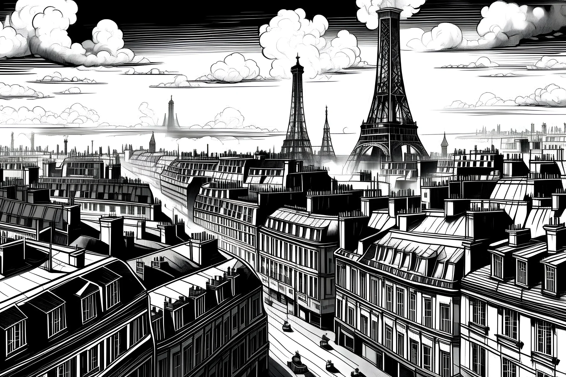 ciudad de paris vista panorámica en blanco y negro . estilo comic. . vista panoramica frontal puedes hacerlo mejor. chimeneas con humo. clave tonal baja. más ejemplos. linea de horizonte más baja. vista desde abajo. vista desde la calle