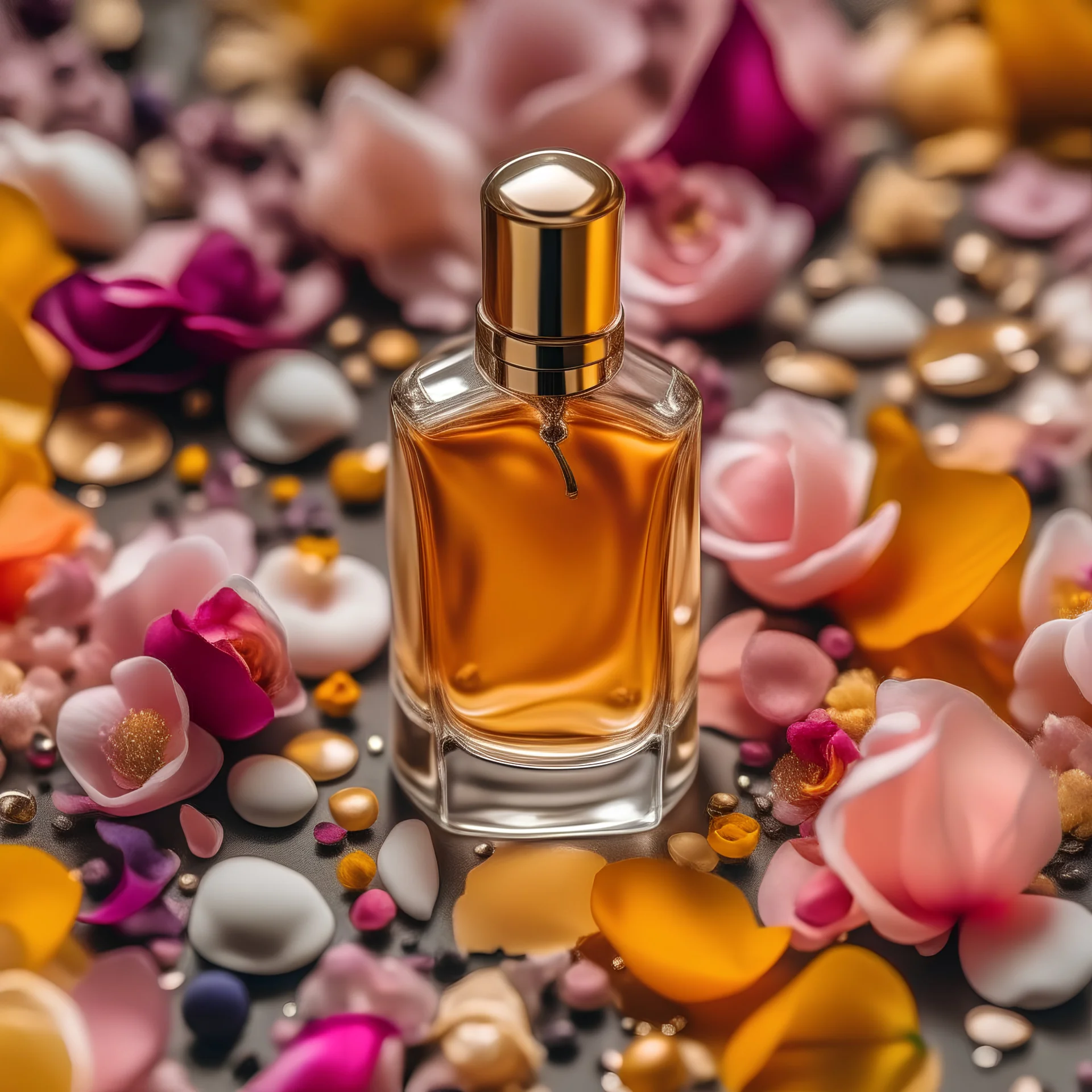 generate me an aesthetic complete image of Perfume Bottle Amidst Flower Petals