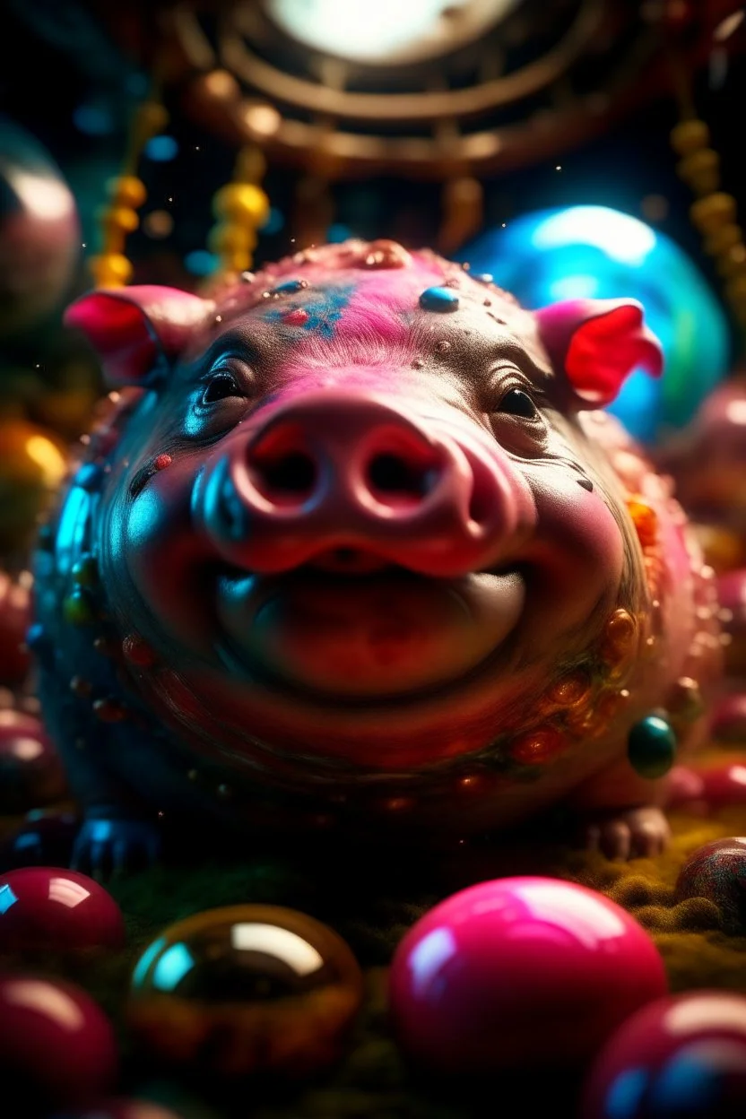 portrait of huge fat pig with a wicked smile inside a pile of transparent jelly bubbles of weird colours with insect aliens inside, disco egg made of small mirror, light rayz, feast table ,shot on Hasselblad h6d-400c, zeiss prime lens, bokeh like f/0.8, tilt-shift lens 8k, high detail, smooth render, down-light, unreal engine, prize winning