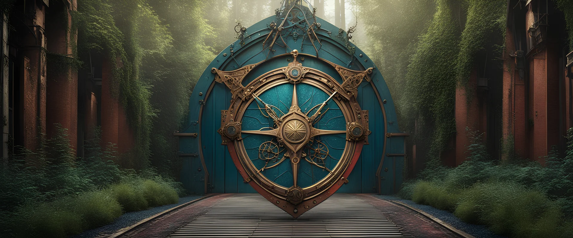 High-end hyperrealism perfect symmetry Steampunk ARD logo, epic sharpened swords crossing shield, placed 30 metres end of alley, inspired cinematic photography, symmetry forest alley background, Aesthetic combination of sage green and blue metallic and honey red, Vintage style with real bronze, Art Nouveau visuals with Octane Render 3D tech, Ultra-High-Definition (UHD) cinematic character rendering, Detailed close-ups capturing intricate beauty, Aim for hyper-detailed 8K