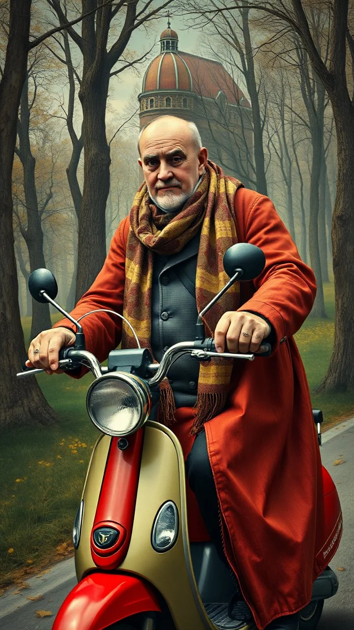 Hieronymus Bosch style , hitler wearing a scarf on electric scooter 4k