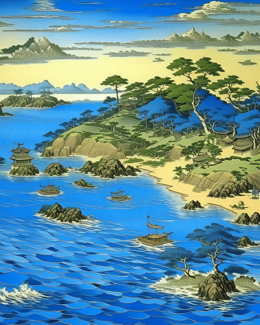 A blue resort on an island painted by Katsushika Hokusai