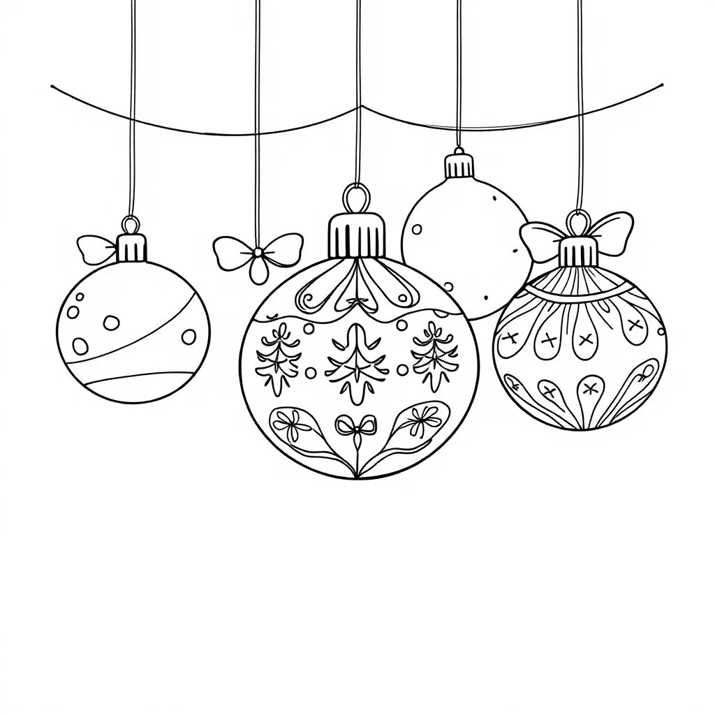 A black and white cute drawing of Christmas ornaments. Only outline, white background,for kids. The illustration should be in [SUPER SIMPLE], black and white, bold line art with a clear, mostly empty background. [INCLUDES ONLY OUTLINES WITH NO FILLED IN BLACK AREAS], ensuring no shading, no complex images, and making it very easy to color in between the lines.