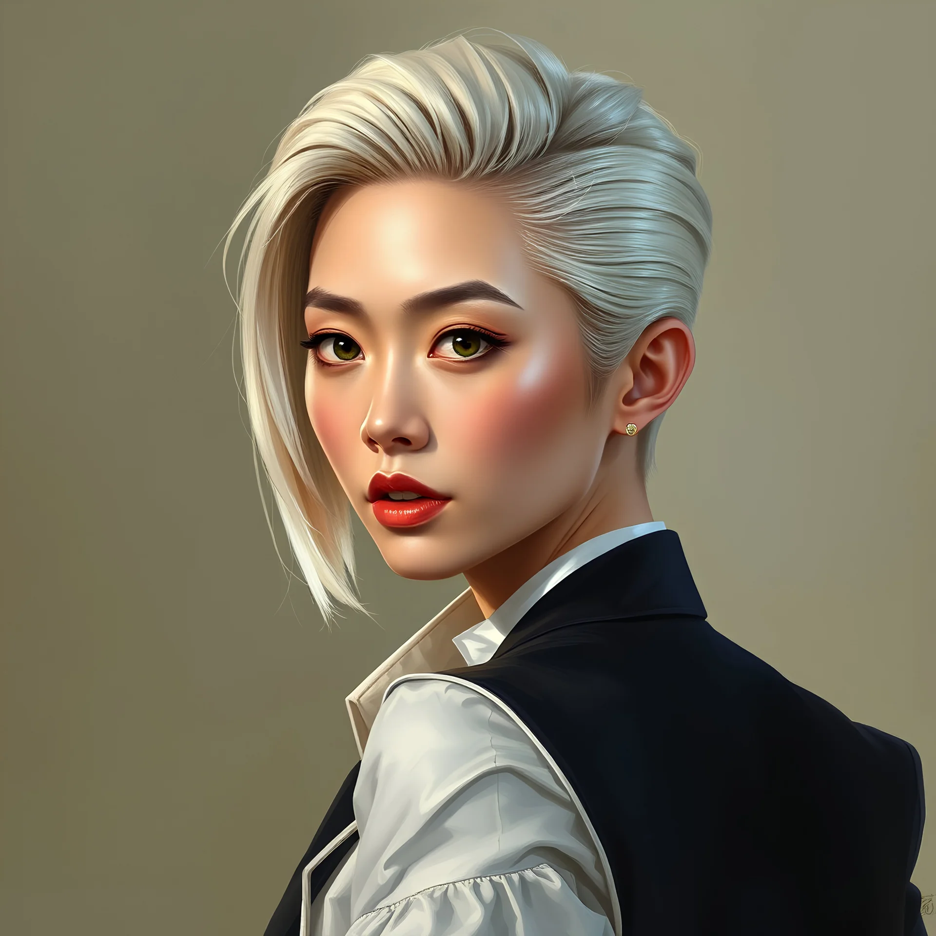 Fantasy portrait based on Michelle Yeoh of professor slicked back, short, platinum blonde hair