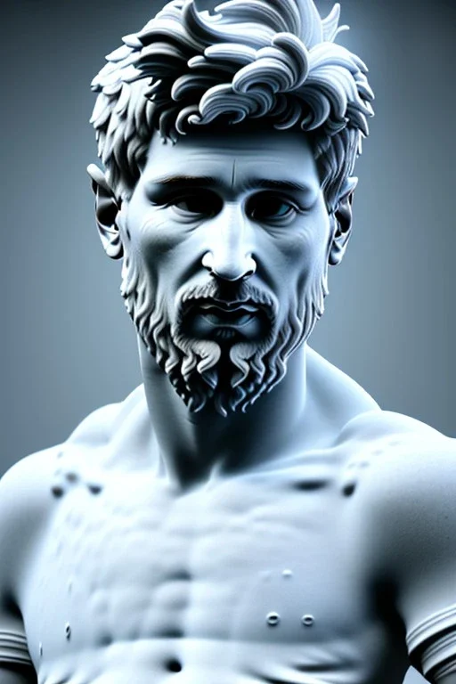 Ultra Realistic image, Roman sculpture, white marble material, Lionel Messi, sun radial crown, chisel style, waist up portrait, epic, celestial, cinematic lighting, God light, god rays, 4k resolution, smooth details, ornate details, soft lighting, unreal engine 5, marble background.