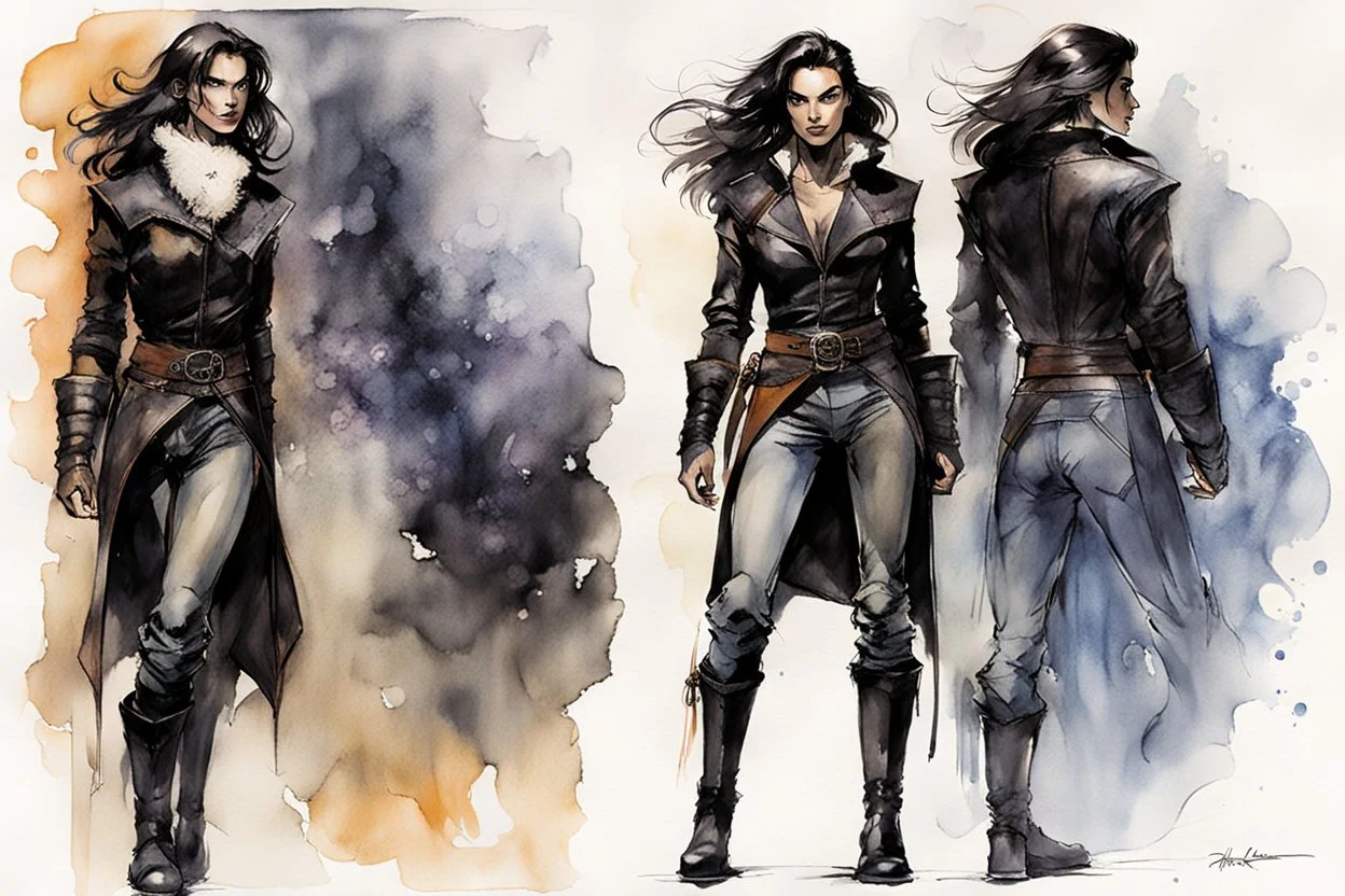 Create an ink wash and watercolor of an epic fantasy Lankhmar female thief character slim in stature, with shoulder length hair, finely lined and detailed facial features, in an fur collared leather doublet and breeches , a short oriental cloth belt at the waist, stealthy soft leather slippers, , in the comic book style of Bill Sienkiewicz, Howard Chaykin, Mike Mignola, Philippe Druillet, and Jean Giraud Moebius, precisely drawn, colored and inked,