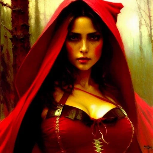 portrait 'beautiful busty Red Riding Hood',painting by gaston bussiere, greg rutkowski, yoji shinkawa, yoshitaka amano, tsutomu nihei, donato giancola, tim hildebrandt, oil on canvas, cinematic composition, extreme detail,fit full head inside picture,32k