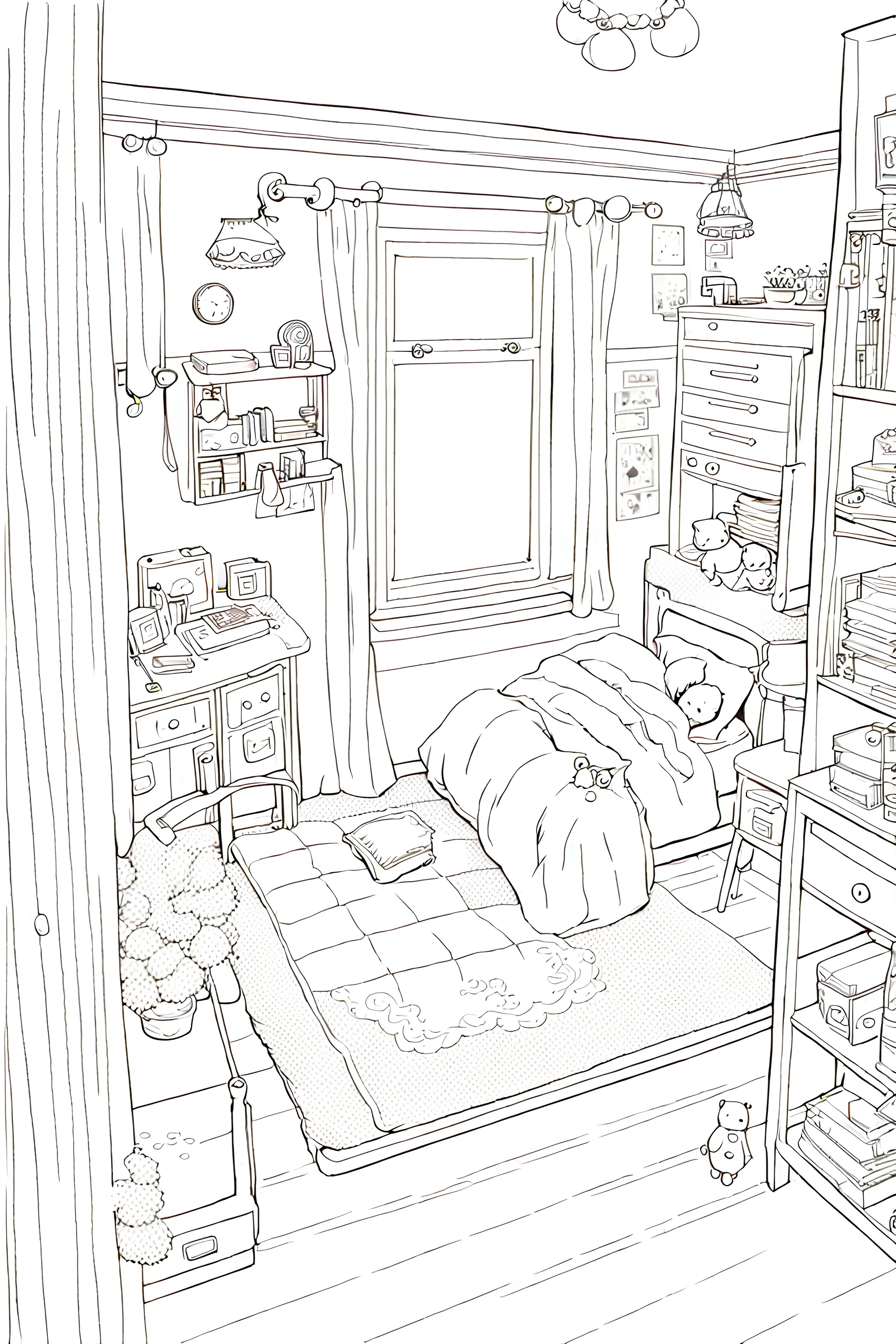 girl bedroom, line arts, manga style