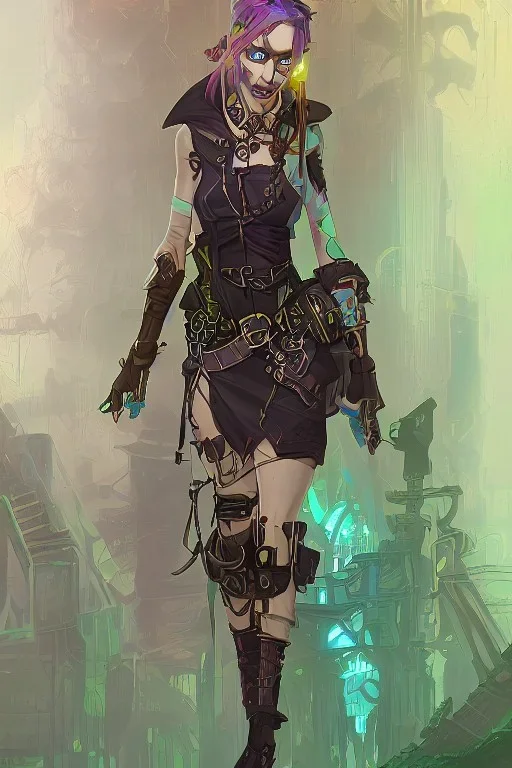 steampunk elf in a neon dystopian garden