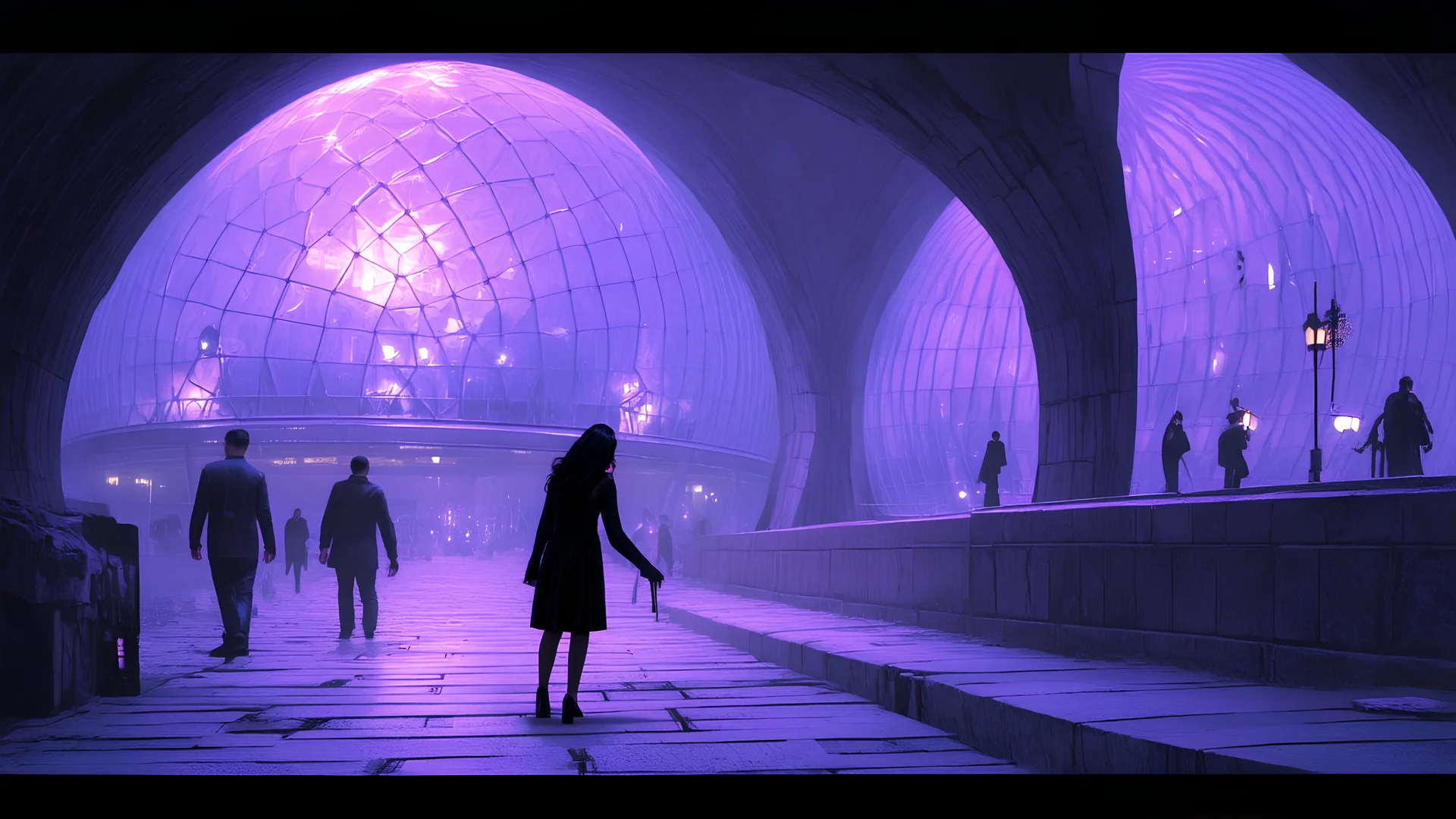 A subterranean urban landscape with transparent dome buildings, illuminated pathways shining in violet hues, and diverse inhabitants, including a Black female and a Caucasian male, exploring the area.