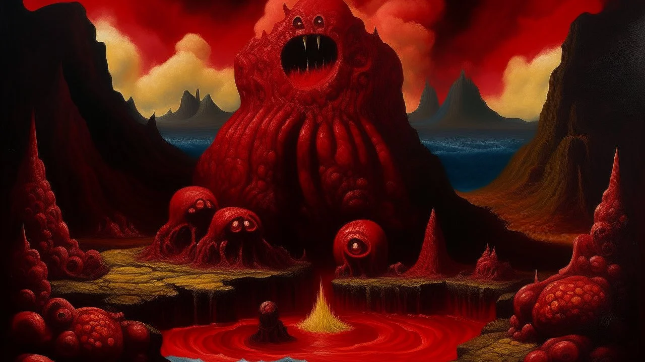 A dark red molten crater with fiery imps designed in Moai statues painted by Thomas Hart Benton