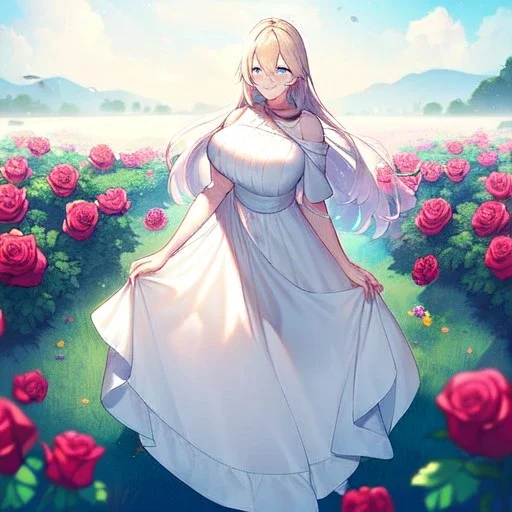 gorgeous anime girl wearing a yellow and white dress ,standing in a meadow of flowers, spreading rose pedals on the ground. beautiful eyes and a stunning smile, blue eyes