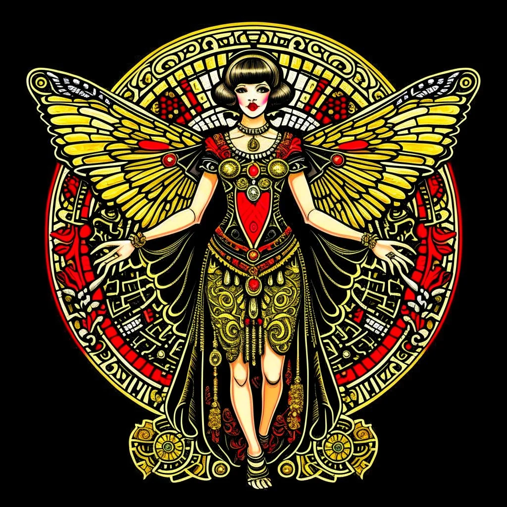 Full Body, Art Nouveau Woman With A Bob With A Fringe Hairstyle, Cleopatra Clothing, Steampunk Metal moth with red wings, Black Background