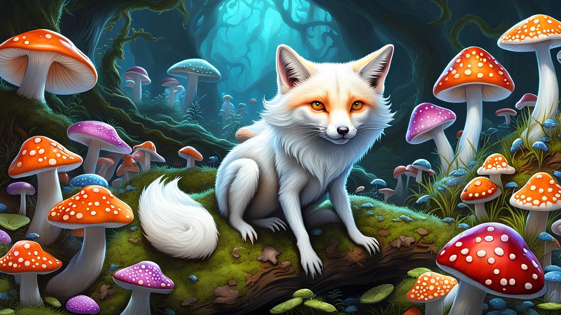 albino fox witches with poisonous frogs and zany mushrooms, multicolored and vibrant, ultra detailed, intricate detail, sharp focus, back lit, dynamic lighting, digital illustration, 8k resolution, trending in Artstation, in the style of Wayne Barlow and dariusz zawadski, masterpiece, award winning, beautiful