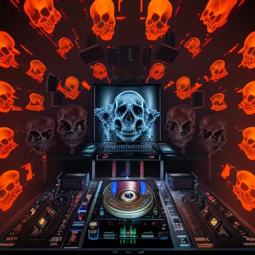 DJ of the damnded, insanely detailed DJ booth in hell, MID set, speakers and equipment made of bone, anatomically correct, add more skulls in th audience, photorealism, vray, 8k 3d, woofers in all empty eye sockets of stage equipment, wide angle, telephoto, from audience, all multicolored skulls,