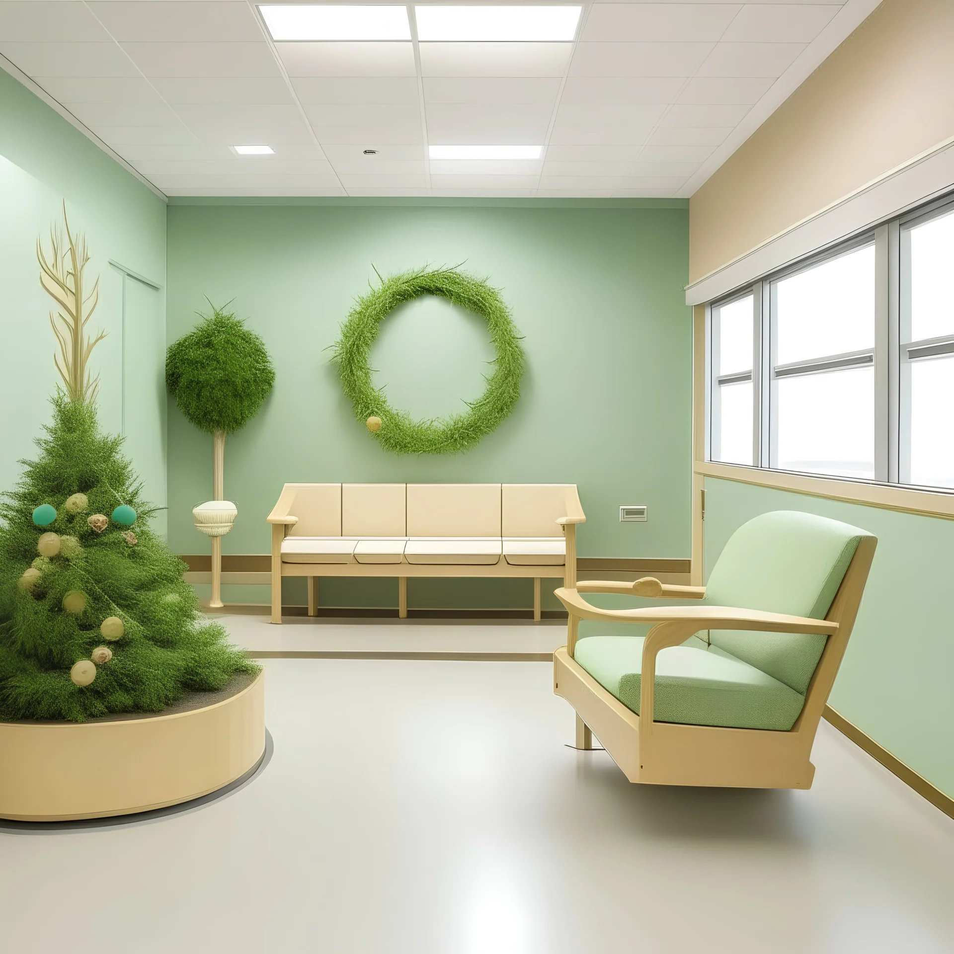 Salle d'attente, hôpital, chaises, vert pastel, et bois, guirlande de Noël dorée