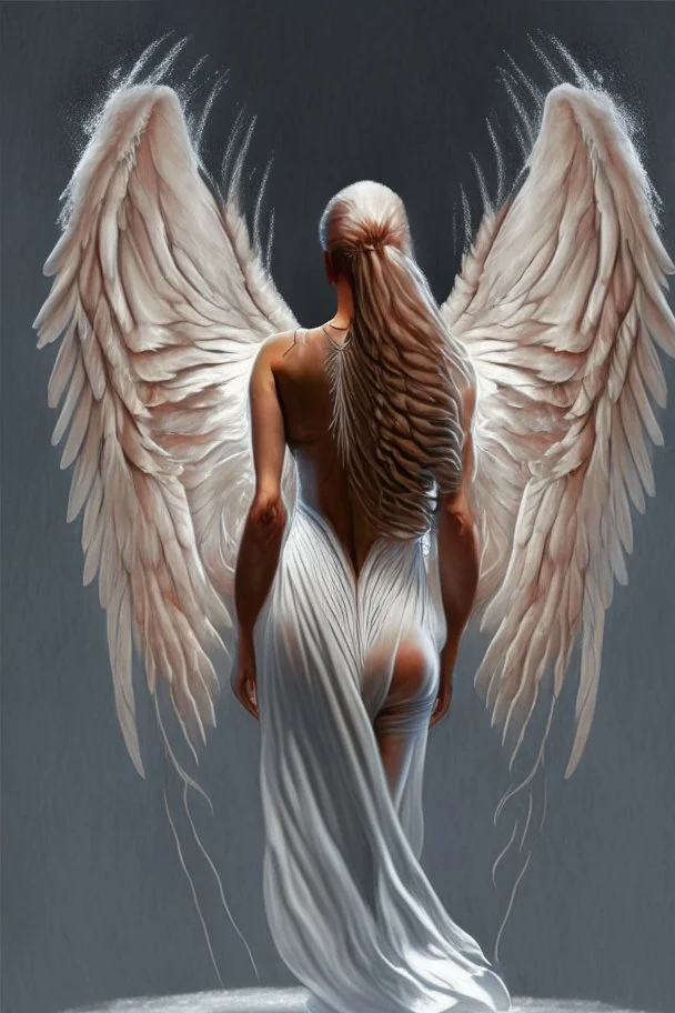 full body woman angel from back wings coming from her back, bun haired angel wearing long tunic ultra realistic