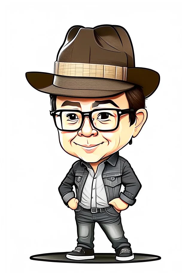 Drawing of Gustavo Petro serious with hat, jeans and shirt no lentes speaking in a speech full body chibi