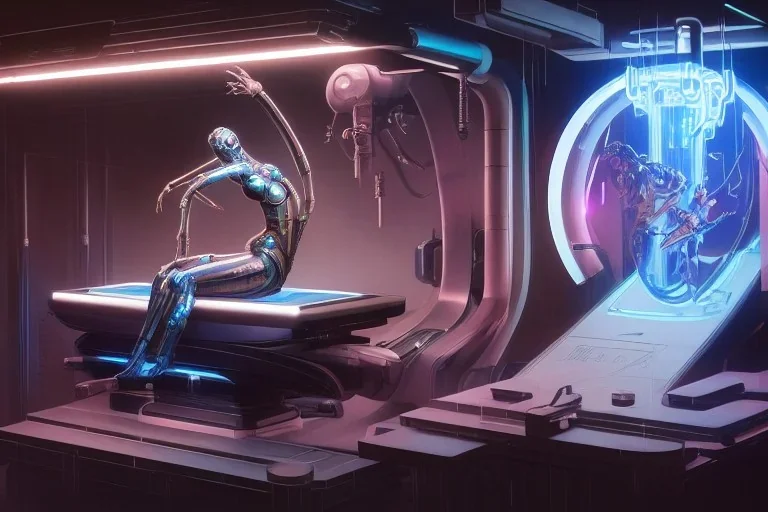 ( cyberpunk 2077, bladerunner 2049 ), a complex thick bifurcated robotic cnc surgical arm cybernetic symbiosis hybrid mri 3d printer machine making a bio chemical lab, art by artgerm and greg rutkowski and alphonse mucha, biomechanical, lens orbs, global illumination, lounge, architectural, f 32