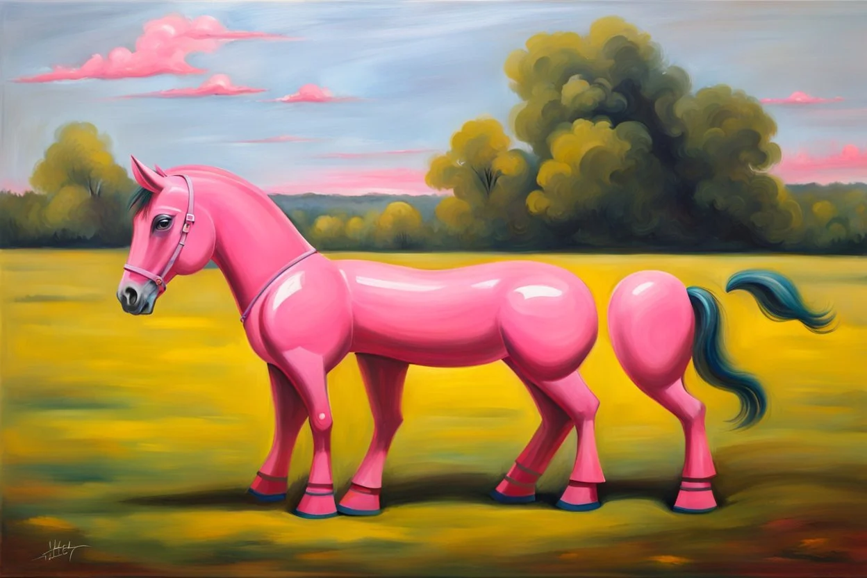 Big pink plastic toy horse.19th painting