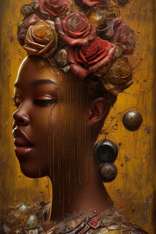 an abstract painting of rusted metal and flowers, beauty dangling roses of Africa portrait, rust, scaffolding, iron cladding, decay, mixed media, textured, anatomically correct, beautiful perfect face, sharp focus, highly detailed