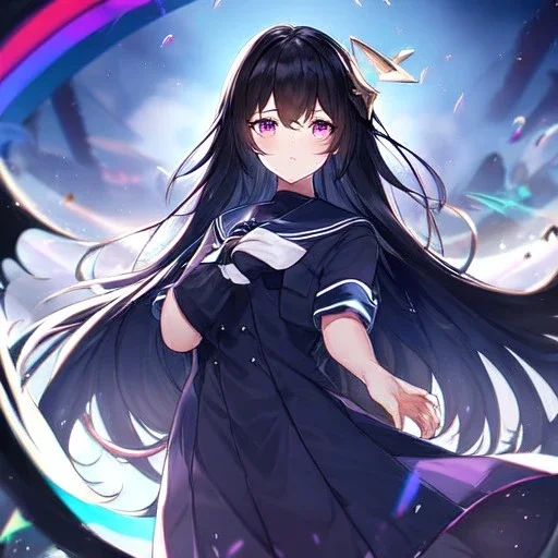 Clear focus, High resolution, Black long fluffy hair, purple eyes, wearing a sailor uniform, shattered rainbow in triagle formation