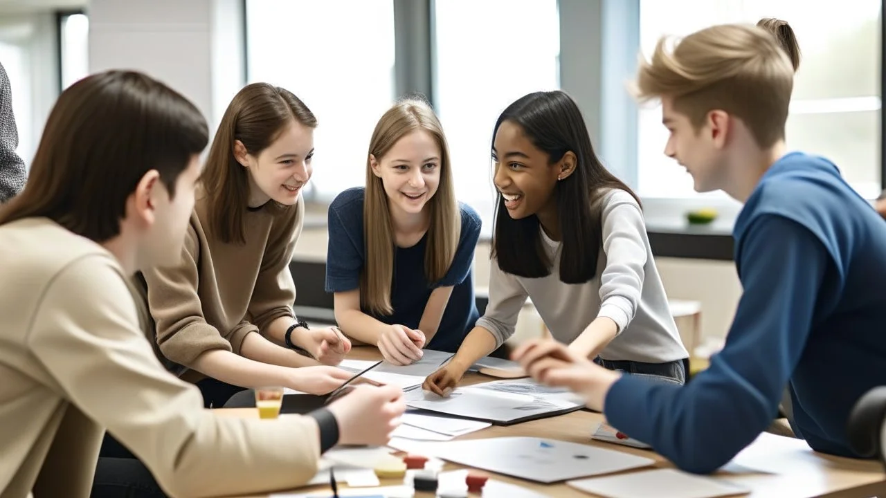 The image depicts a group of students actively engaged in a collective discussion within a classroom. The atmosphere is filled with enthusiasm and collaboration, evident through their lively interaction and exchange of ideas. The image illustrates the promotion of social interaction and cultural learning within an educational environment, where students learn from one another and build interactive bridges that contribute to enhancing understanding and cooperation among diverse cultures.