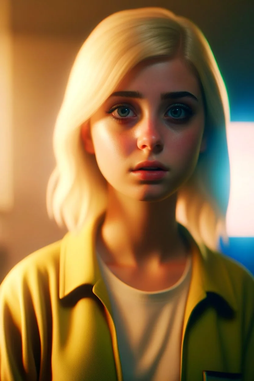 hospital, a cute blonde latino female chat robot that stares at us like we are the prettiest demons she has ever seen, its such a perfect day, motion blur, smoke, 8k, downlight, soft light, depth of field, photorealism, trending on art station, lotsa detail