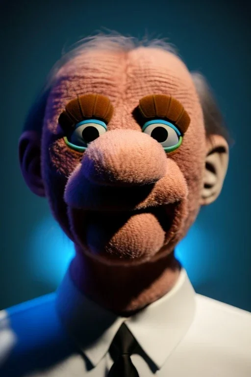 Waist up muppet Portrait, Vladimir Putin as muppet doll, Black suit, photo studio, blue background, unreal engine 5, concept art, art station, god lights, ray tracing, RTX, lumen lighting, ultra detail, volumetric lighting, 3d.