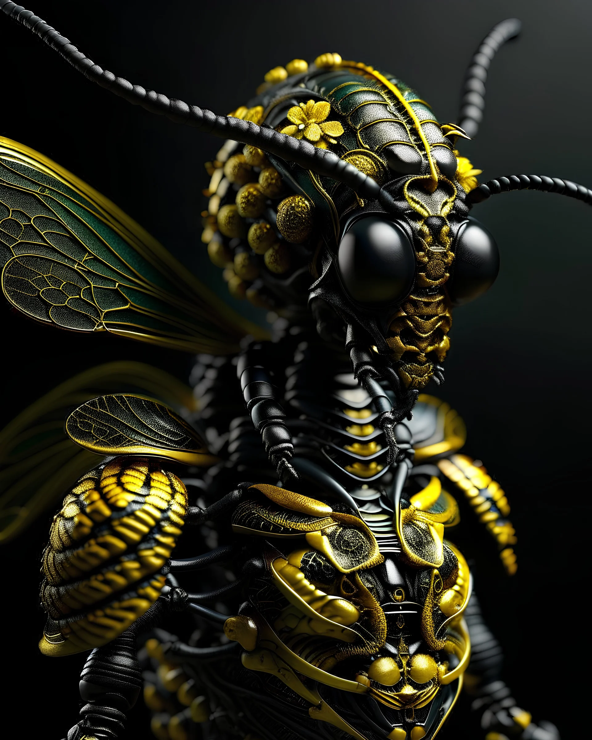 Beautiful vantablack and yellow wasp baroque floral headdress humanoid insect portrait close up adorned with floral metallic filigree headress and wearing metallic floral embossed mineral stone ribbed wasp costume armour winged dress organic bio spinal ribbed detail of transculent malachit colour lines ink art extremely detailed hyperrealistic maximálist concept portrait