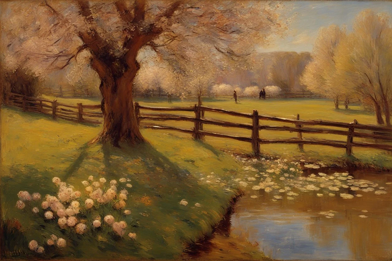 amazing sunny spring day, trees, flowers, fence, little pond, philip wilson steer impressionism painting