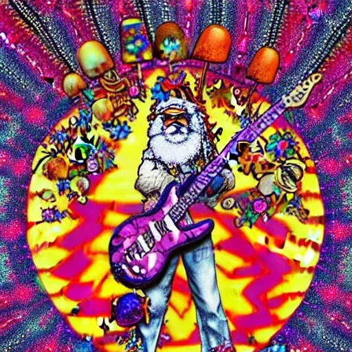 WOODSTOCK, hippie Santa playing electric guitar, psychedelic, peace sign, MUSHROOMS, TRIPPY, ACID, LSD, dreadlocks