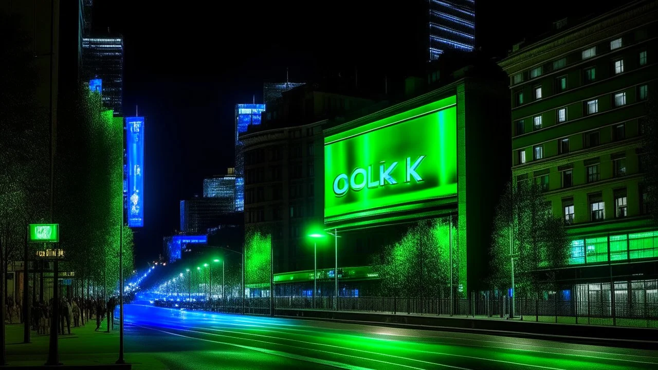 a billboard branded writing ODK , with neon light green and white , in the city center, at night . At Montréal