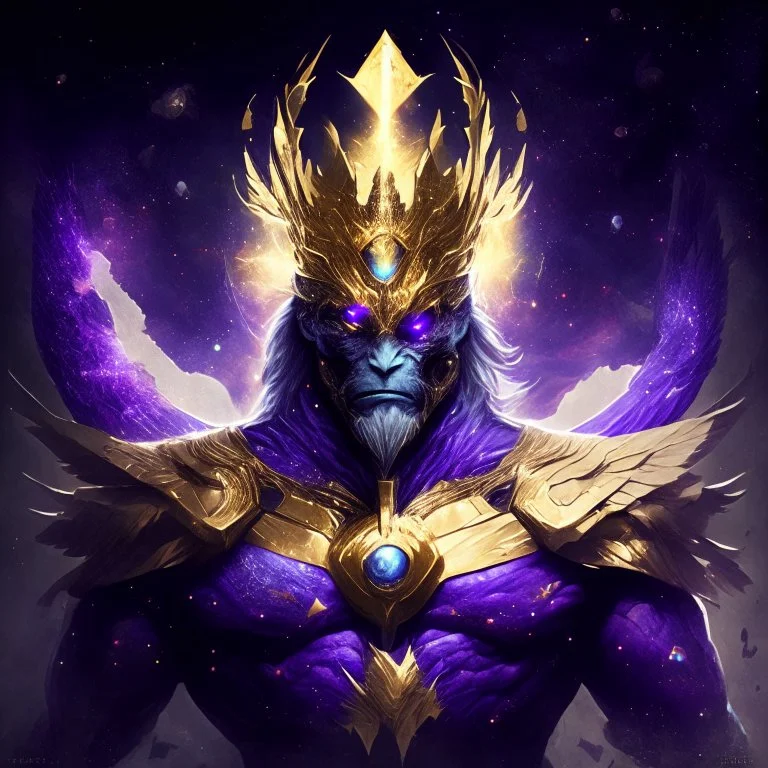 A creature with a combination of eagle and human head God-like man with infinite power who owns the galaxies and wears a beautiful crown with thanos Infinity Gauntlet