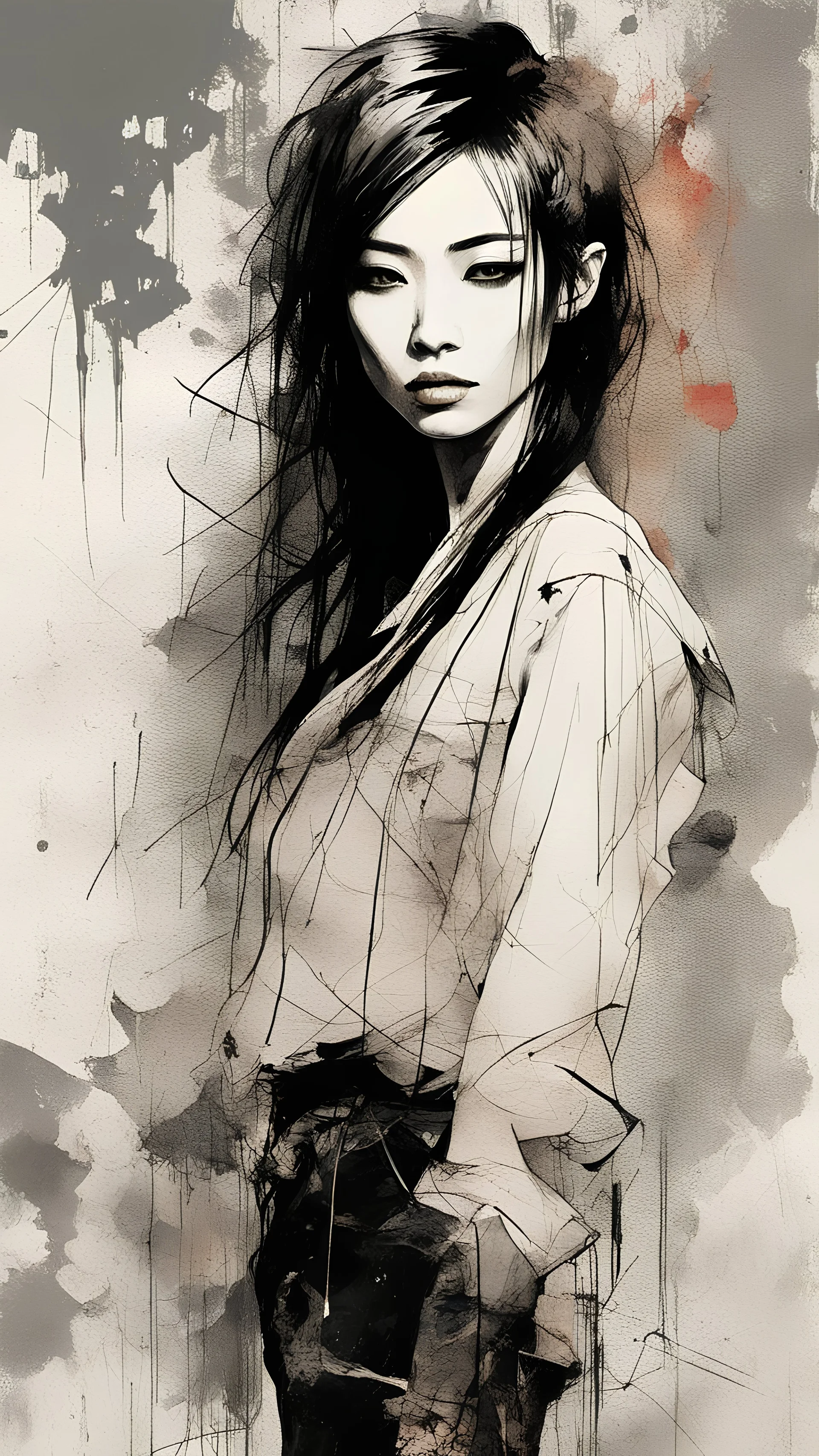 Full body portrait of a aesthetic, painterly style, modern ink, Asian girl, sensual, sultry, dark blouse, expressive pose, urbanpunk, abstract texture multilayer background, neo-expressionist , Russ Mills, Ian Miller