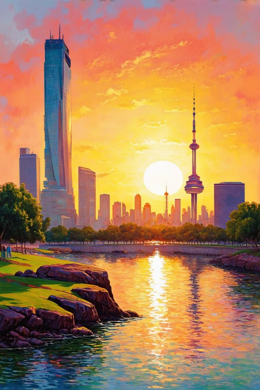 Amazing colorful sunset, buildings, lake, city, rocks, park, coast, cyberpunk, sci-fi, realistic vision, and claude monet impressionism paintings