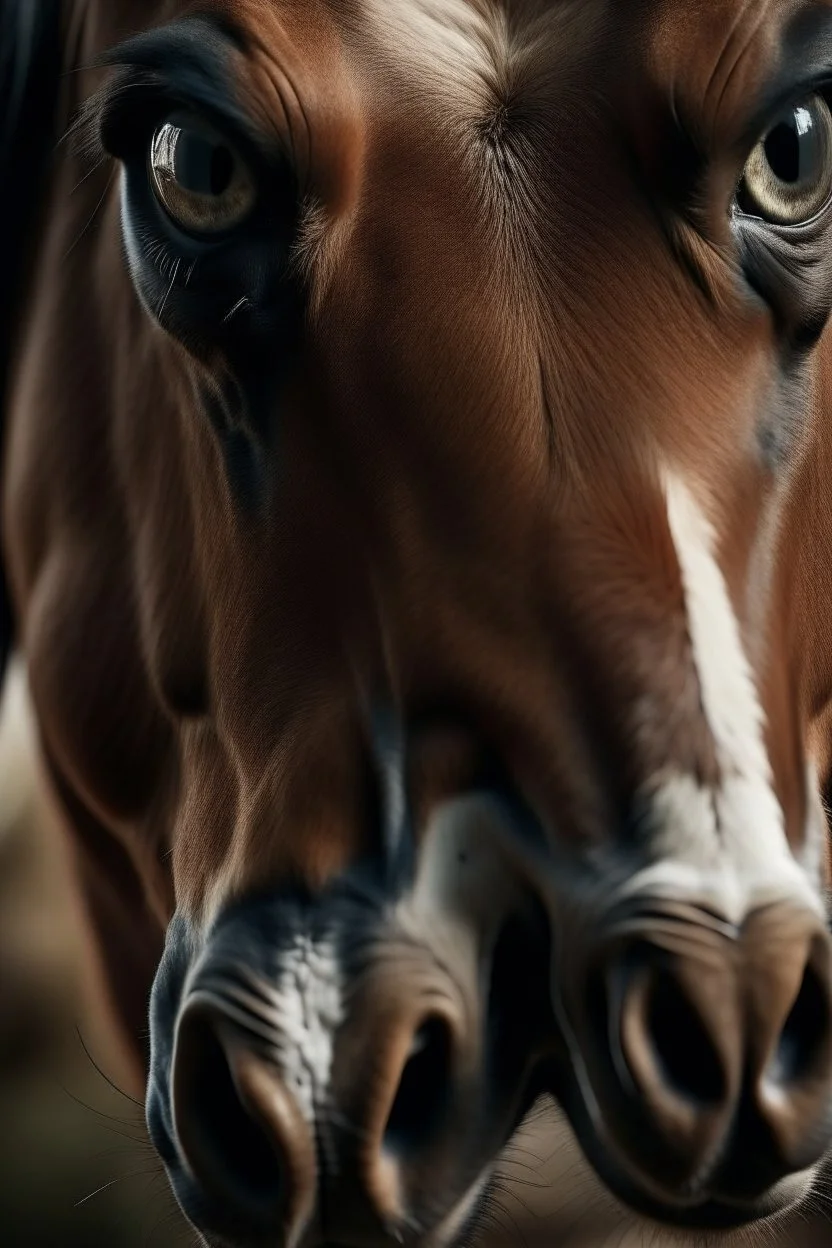 Horse with small overly realistic human eyes, staring straight at the point of view, dilated eyes