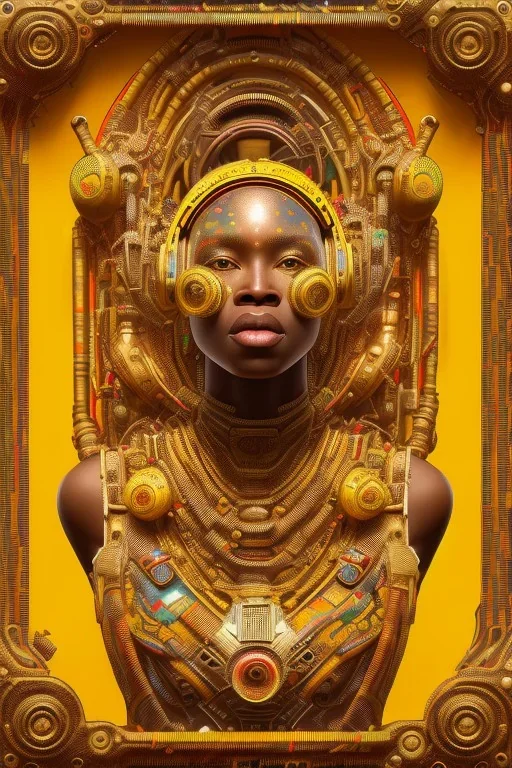 a beautiful full frame portrait digital painting of futuristic gaspunk, ghana kente, african symbols embossed, close-up, macro lens, centered camera, titanium accents, intricate details, small minutiae, tiny features, particulars, colorful, 8k, least ambient occlusion, volumetric lighting, volumetric clouds