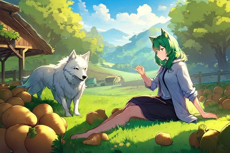 Girl, green hair, wolf paws in hand, farm, sit, wolf paws in feet, blushed, potato, wolf hand