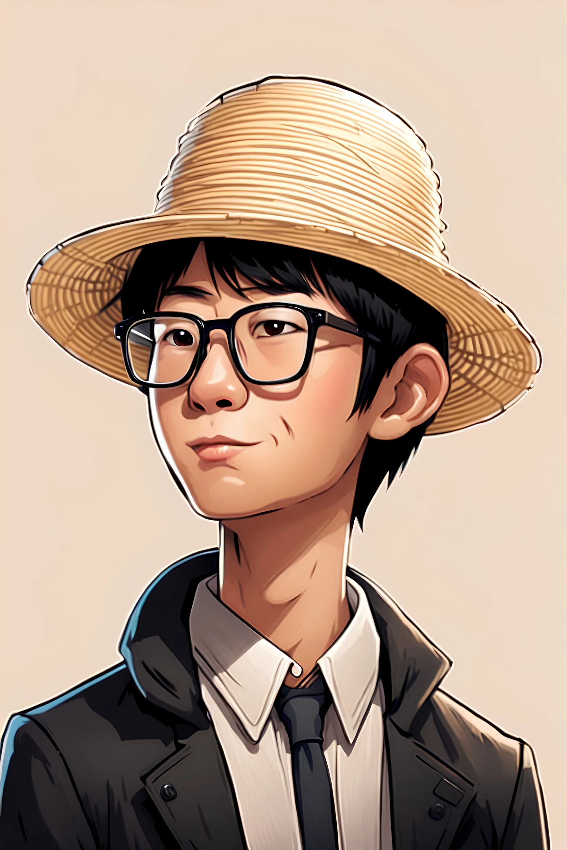 profile cartoon image from photo, with glasses, very short black hair, wearing a straw hat and a black jacket, asian, male