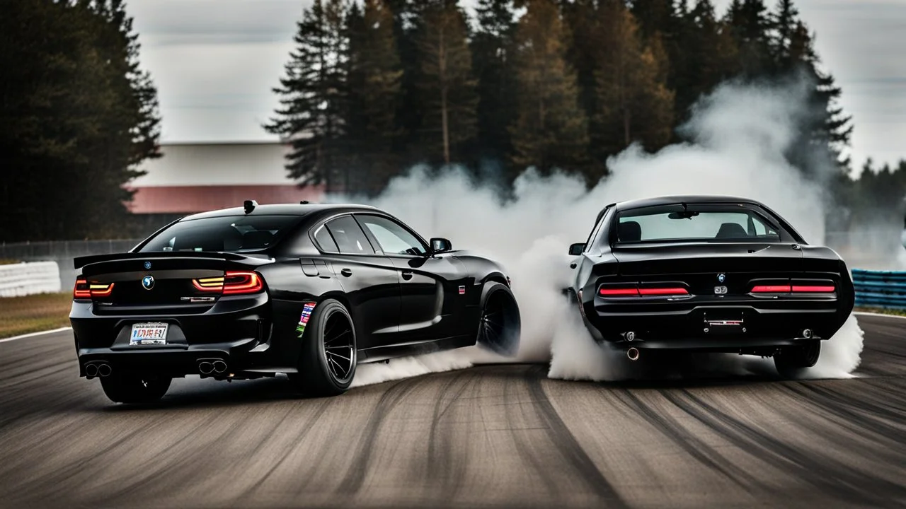 Black BMW and Dodge Charger SRT drifting in the white smoke, rear view, cinematic, luxurious --chaos 80 --ar 16:9 --style raw --stylize 700