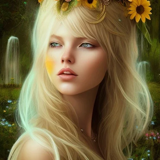 sunflower goddess green eyes long hair blond