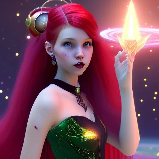 Pretty teenage girl with blood-red hair who is dressed like a space witch casting a spell, girl has green eyes, background is realistic space renditions, goth girl dress, full body portrait, arm colors gradient effect into stars, rendered, unity 3d, unreal engine, dslr, hdr, 4k, edited, photorealistic, normal number of appendages, freckles