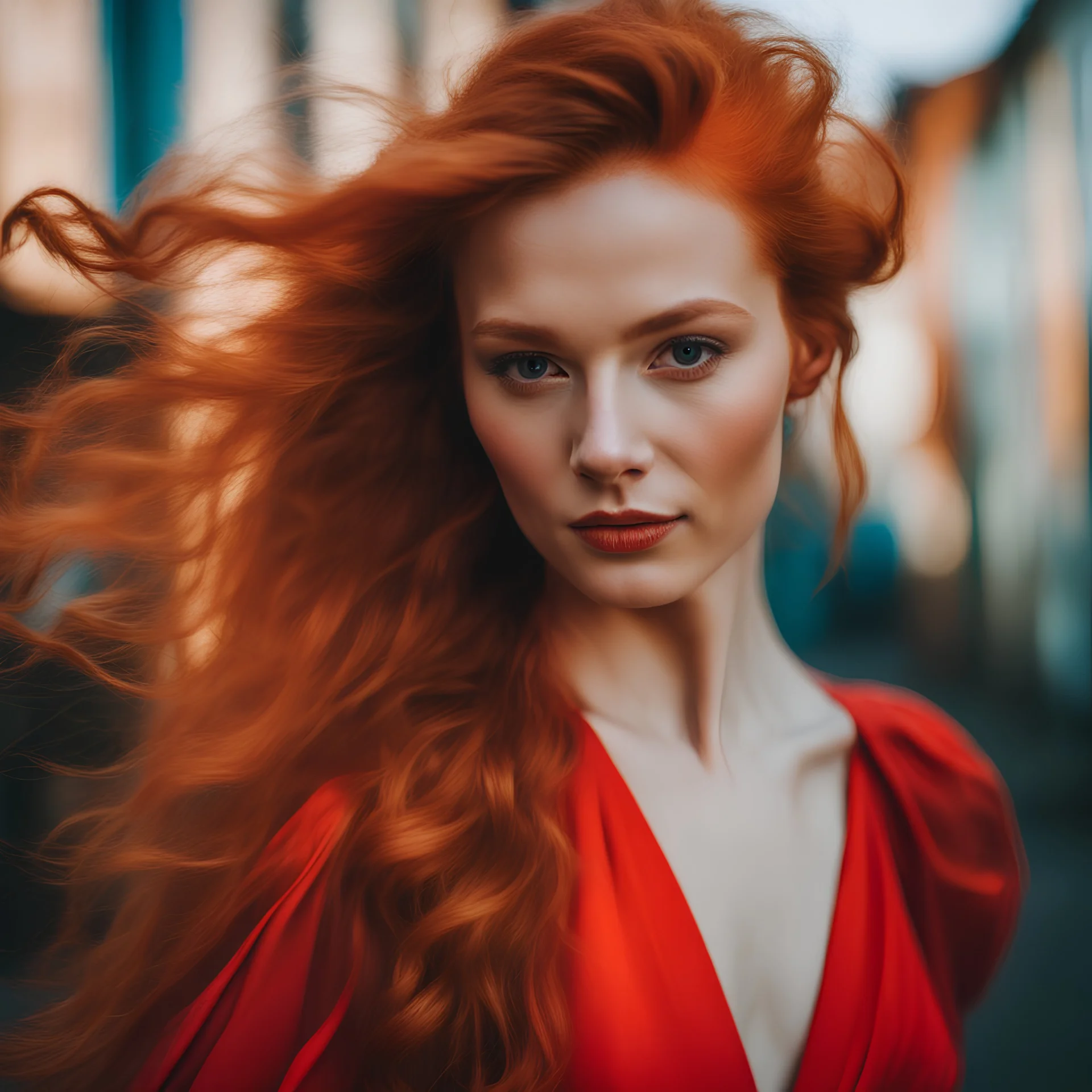 cute ginger long hair slim girl WITH WINGS on her back. fashion flashy red dress. looking at us. Smiling. smaller jaw. front view. sharp. intense color walls. photographic. intensive colors. bright colors. mascara. Outdoor.