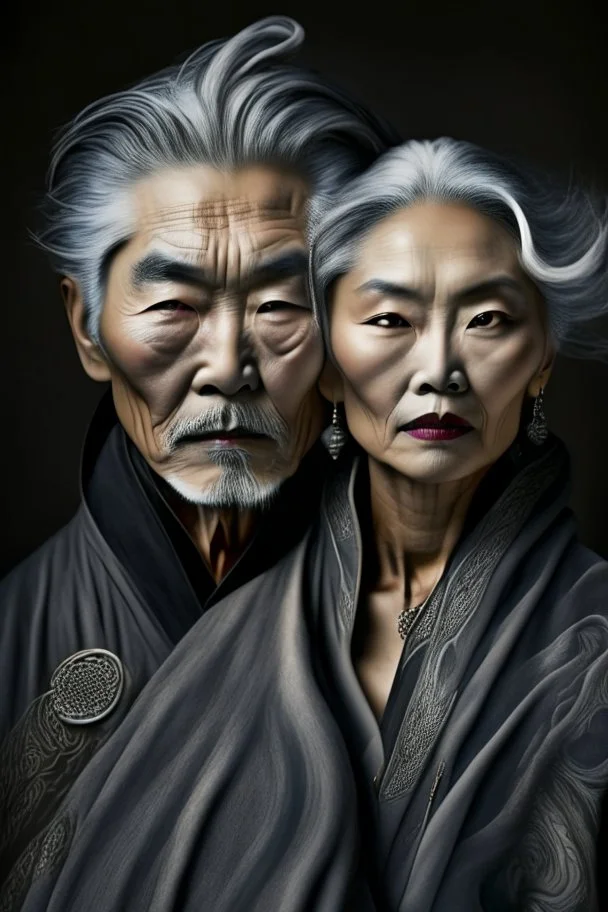 a photo of an Asian man and woman with ethnic jewelry, grey hair and grey flowing robe, in style of Annie Leibovitz, contemporary portrait of a mature yet beautiful and modernist, black and grey, detailed face, swirling fluid smokey enigma, award-winning artwork