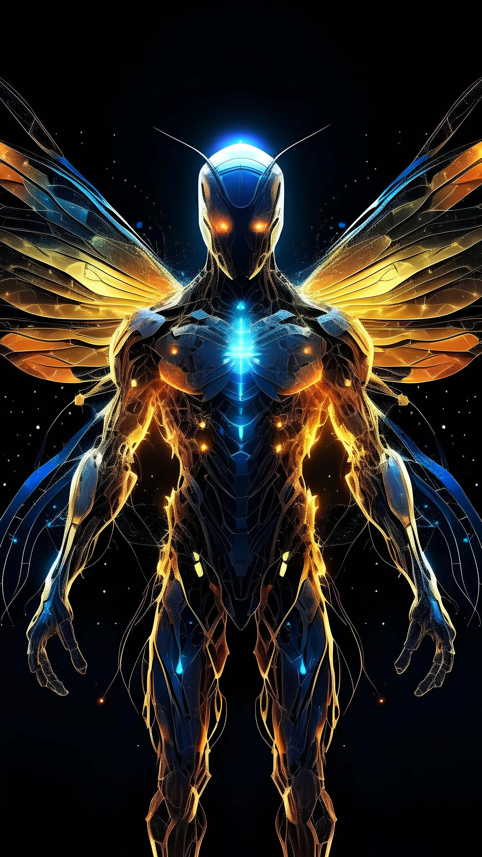 A man's entire body is shaped like a dragonfly, wearing armor made of fire and sparks flying around him, and he has luminous glass wings. Its luminous and sparkling body, lots of lights in all colors, with the idea of ​​Star Wars, high resolution, real drawings, a fictional idea.