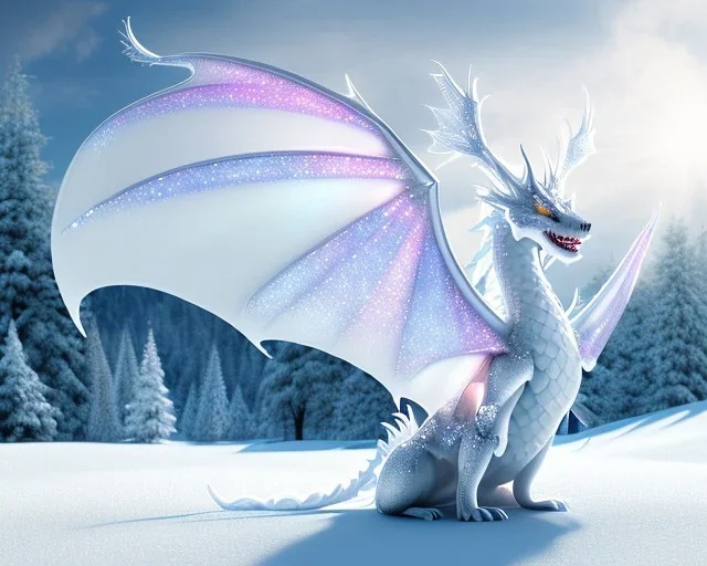 mdjrny-v4 style, a white dragon with fairy-like transparent glowing and sparkly wings standing in snow, full body, silver and teal lightning, glowing soft and smooth wings, realistic, highly detailed intricately detailed, shiny snowy background, soft studio lighting, trending on artstation, by artist "Julie Bell", by artist "Greg Rutkowski"