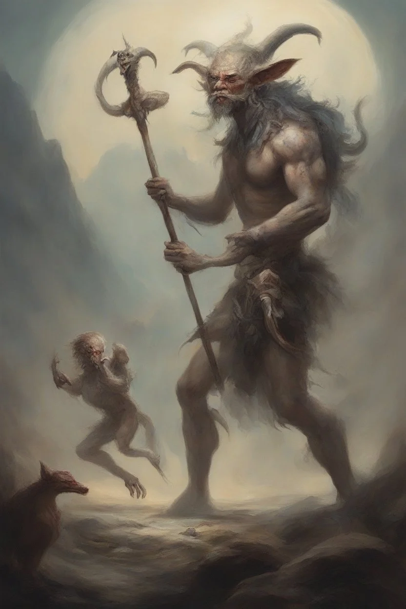 A worrier holding a spear fighting with a creature from another world, Busch painting style