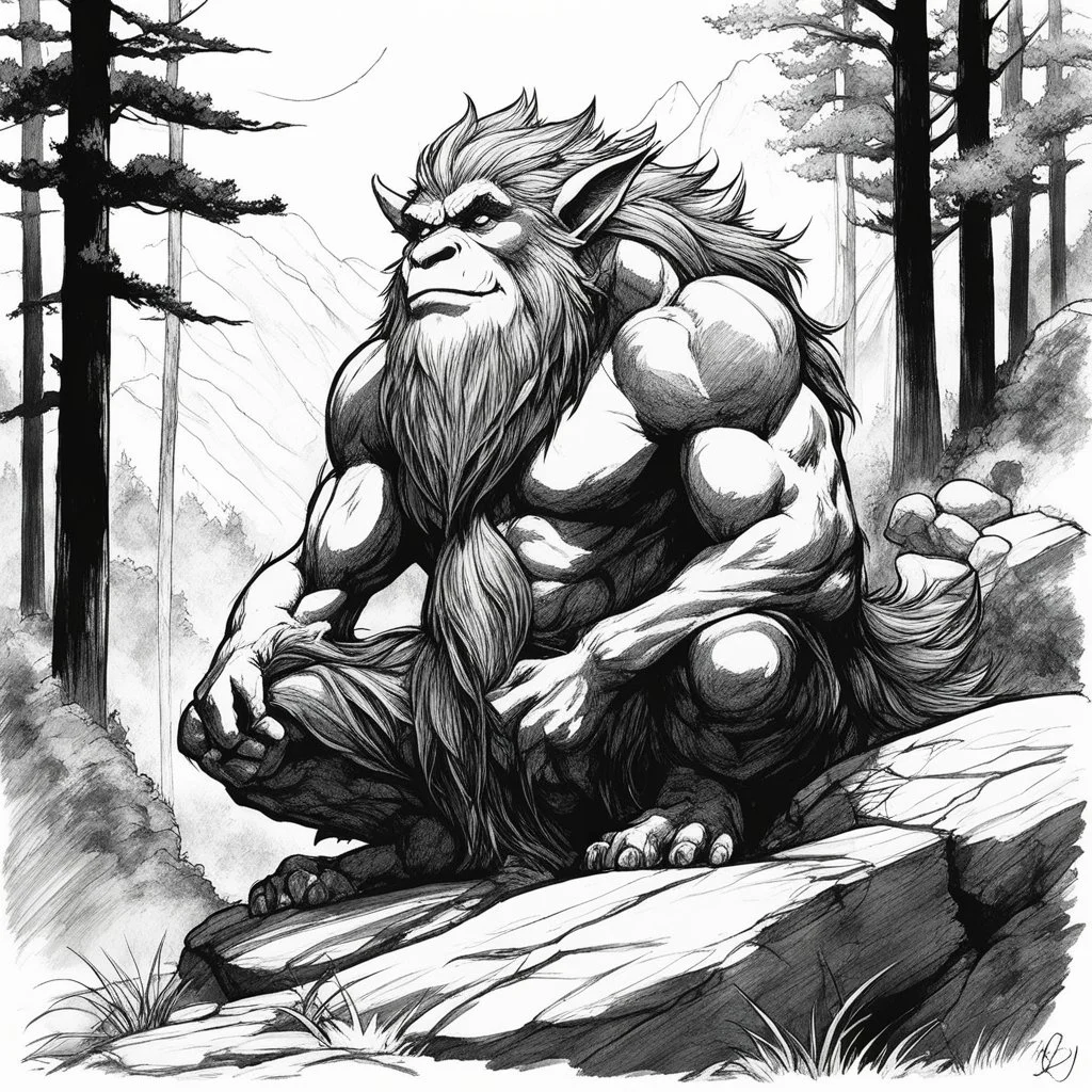 the troll sits on a rock, waiting in the forest. Record of Lodoss War style, Linework: Expressive, expressive black ink line art with variable stroke weights. Crisp contours define silhouettes while fine hatching adds subtle depth and form.